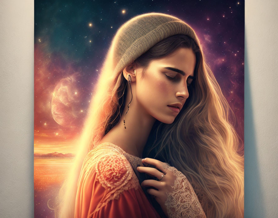 Pensive woman with flowing hair in beanie against cosmic sunset