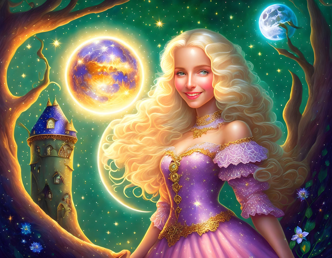 Blonde woman in purple gown with celestial backdrop