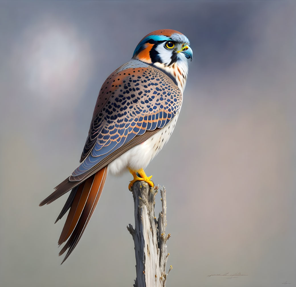 Colorful Falcon Perched on Stump Against Cloudy Sky