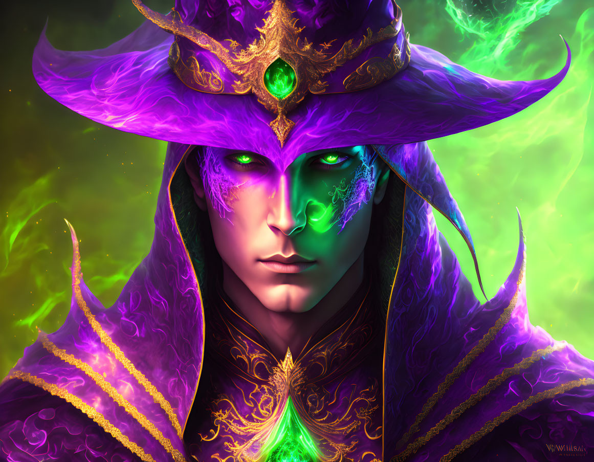 Mystical figure in purple attire with glowing green accents on vivid green backdrop