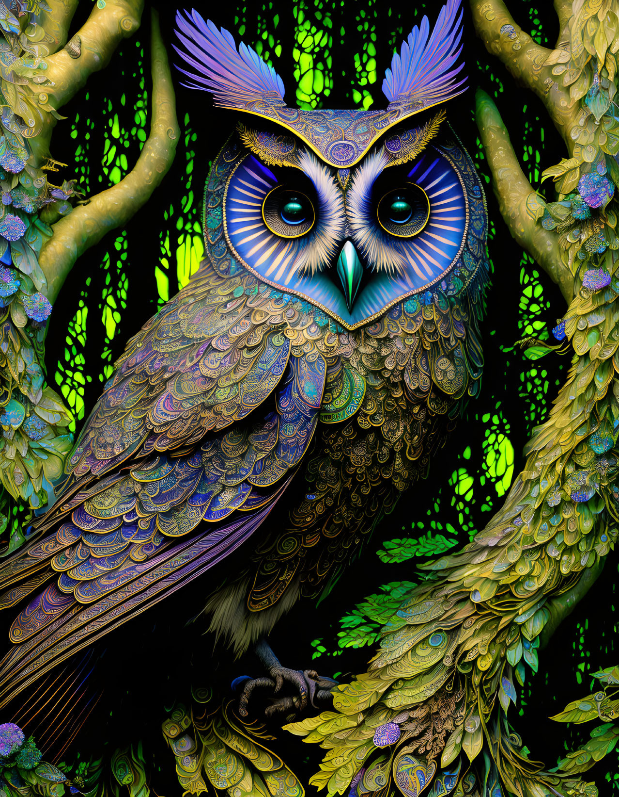 Colorful Stylized Owl Art Among Verdant Trees