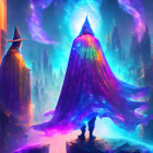 Cloaked Figure in Cosmic Swirl with Fantasy Spires