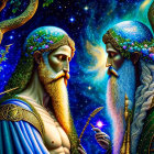 Bearded mythical figures in celestial armor with starry backgrounds