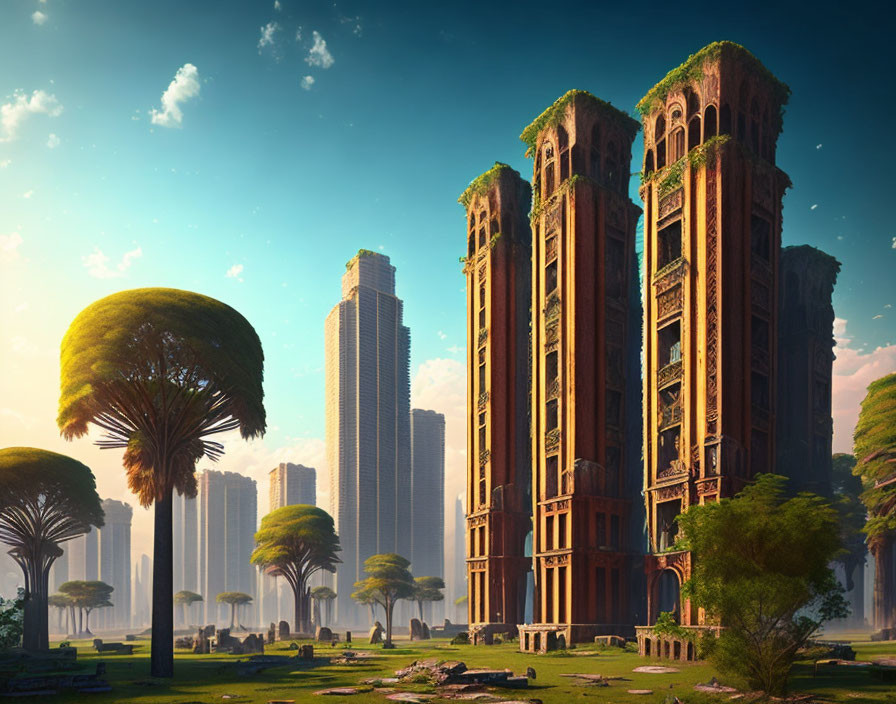 Ancient ruins overgrown with flora beside futuristic skyscrapers in serene landscape