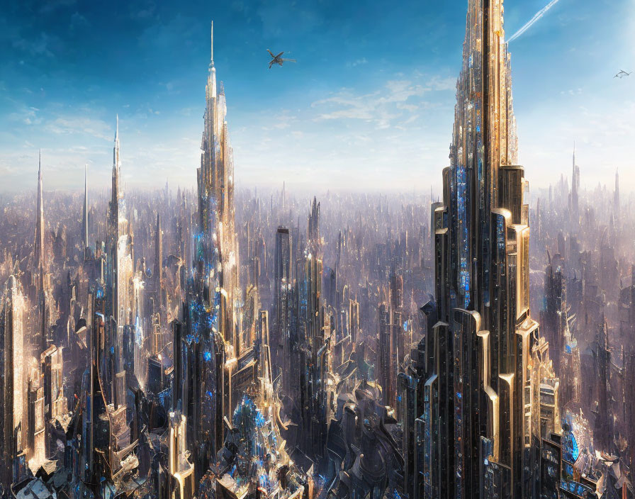 Futuristic cityscape with towering skyscrapers and flying vehicles
