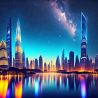 Futuristic city skyline at twilight with illuminated skyscrapers and colorful sky