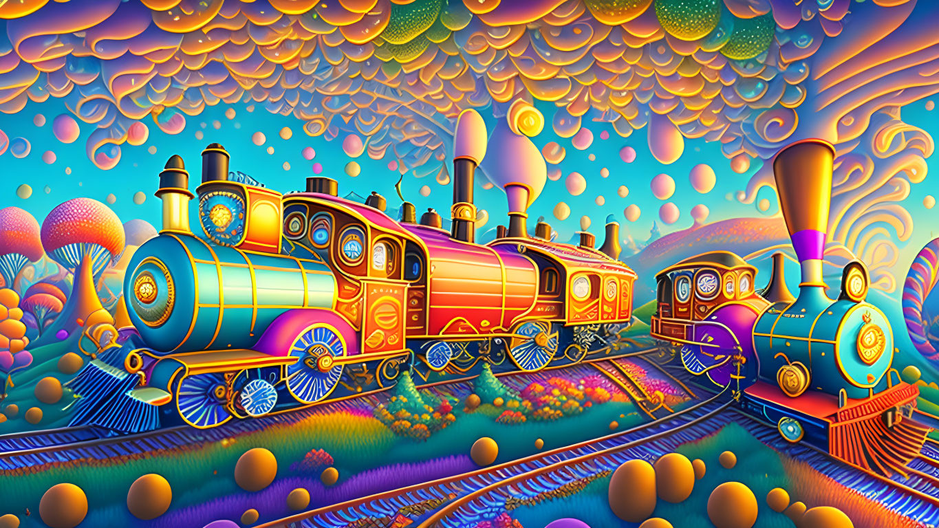 Colorful Steam Locomotives on Parallel Tracks Amid Psychedelic Background