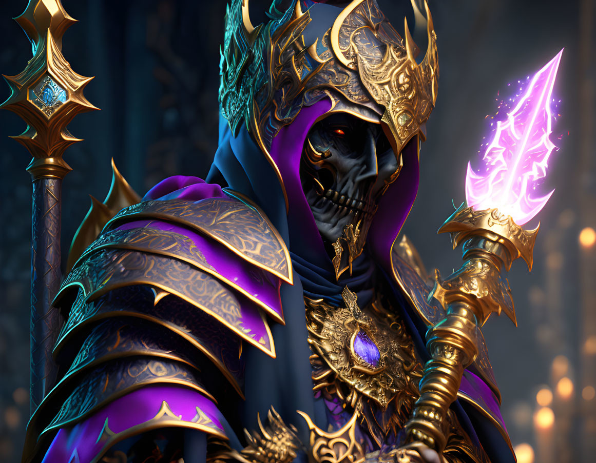 Skeletal figure in blue and gold armor with glowing purple spear