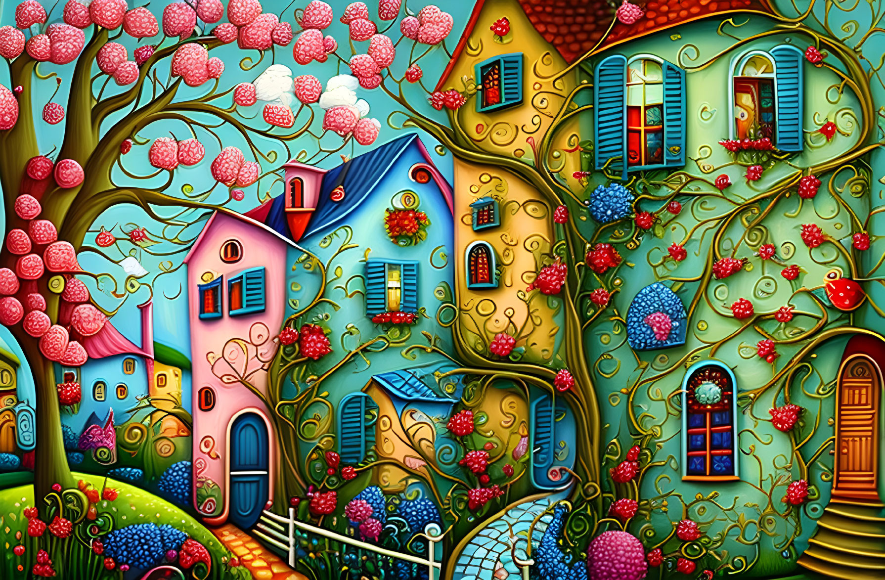 Colorful painting of whimsical village with flowering tree