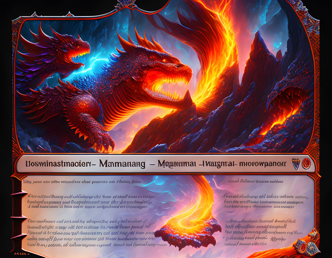 Vibrant fantasy artwork of two fierce dragons in fiery battle