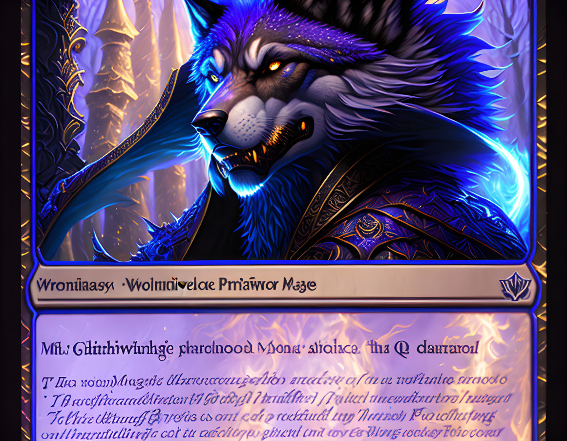 Mystical wolf with ornate armor and glowing blue eyes on dark magical background