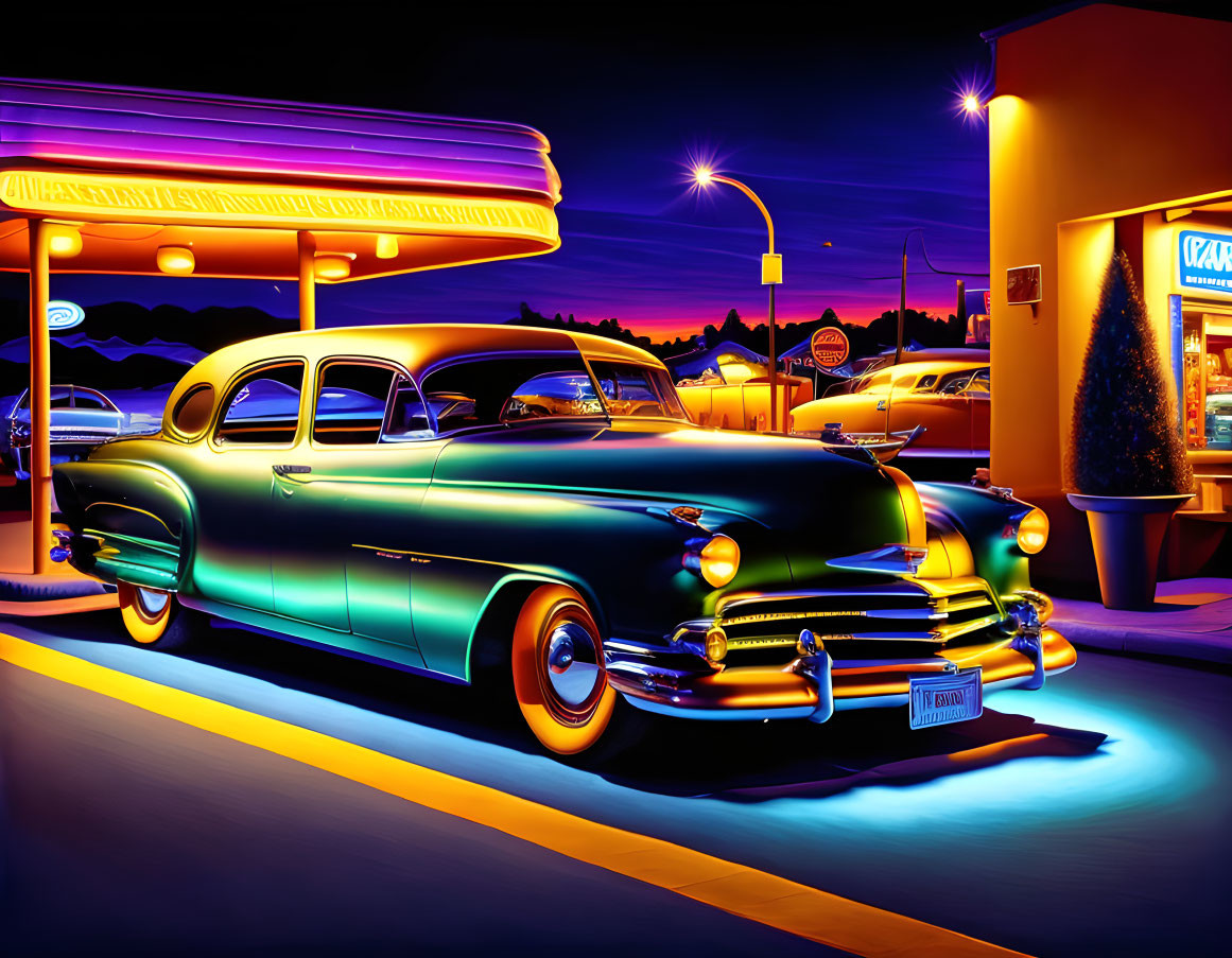 Vintage car with neon underglow parked outside vibrant diner at dusk