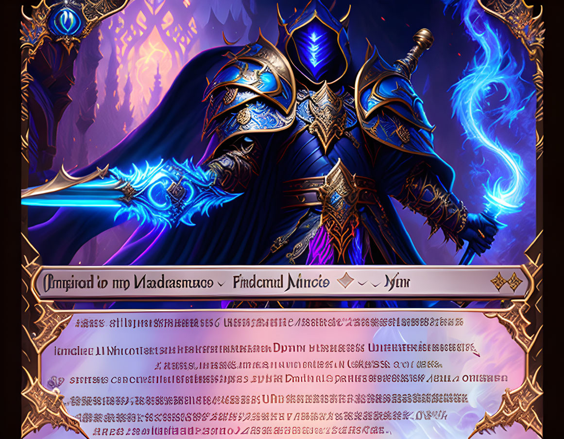 Fantasy armored character with glowing blue sword on royal background
