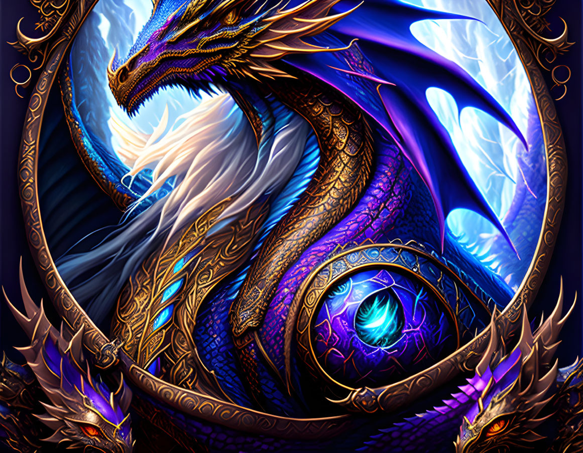 Majestic Blue Dragon with Golden Embellishments and Glowing Eyes