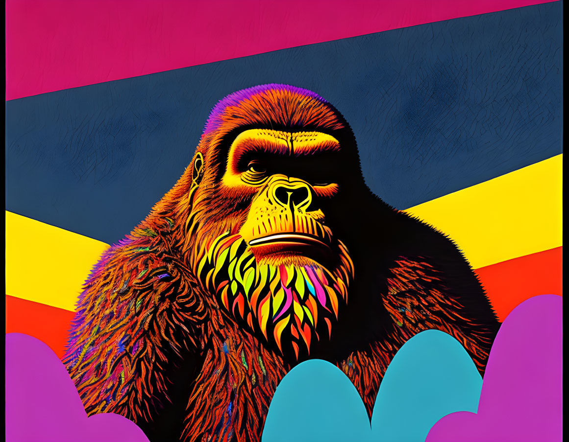 Colorful Gorilla Artwork on Striped Background with Cloud-like Patterns