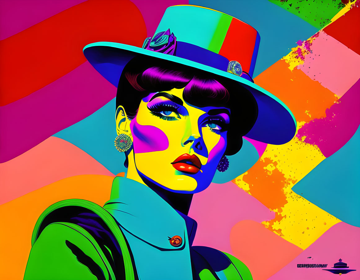 Colorful Pop Art Style Illustration of Woman in Stylish Hat & Makeup