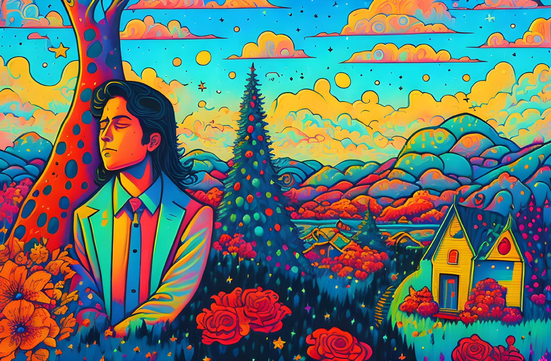 Colorful Psychedelic Illustration of Person in Surreal Landscape