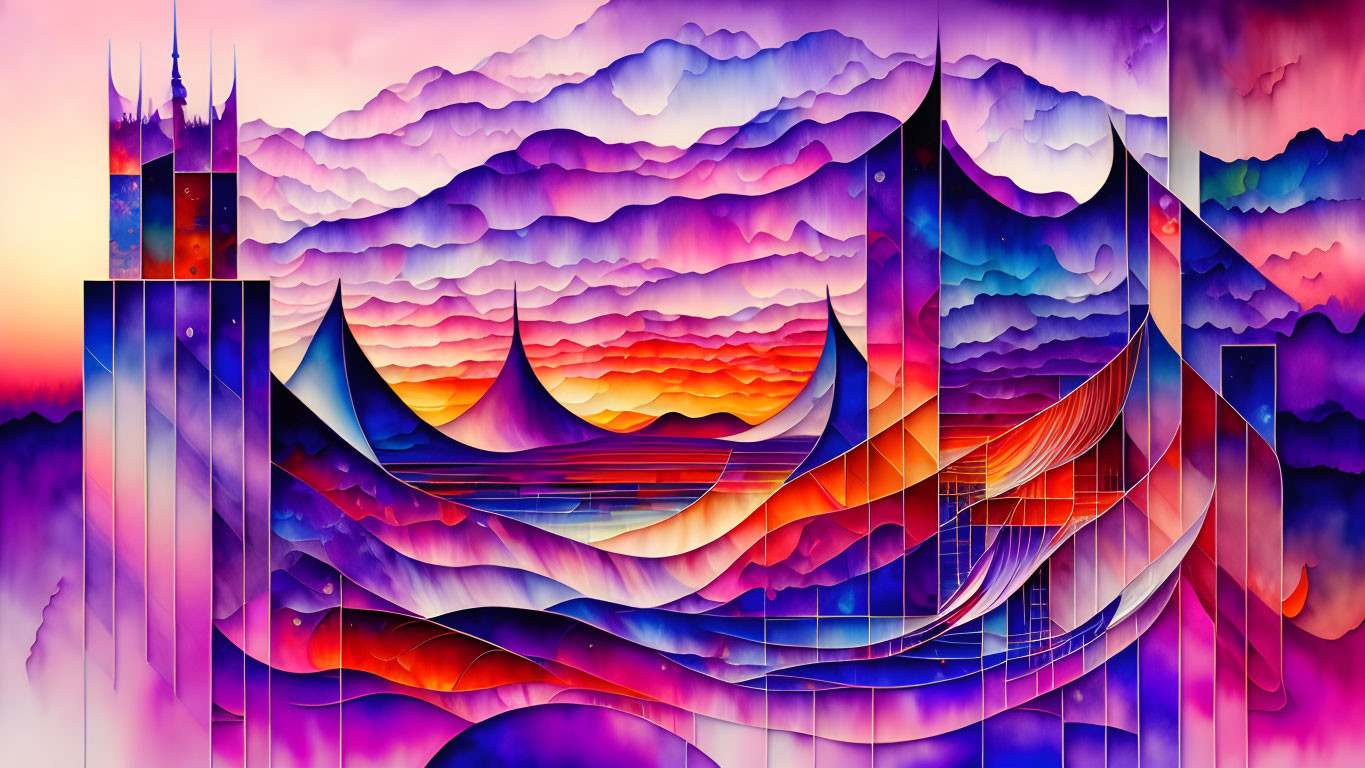 Colorful Abstract Art: Layered Waves & Organic Shapes in Purple, Blue, and Orange