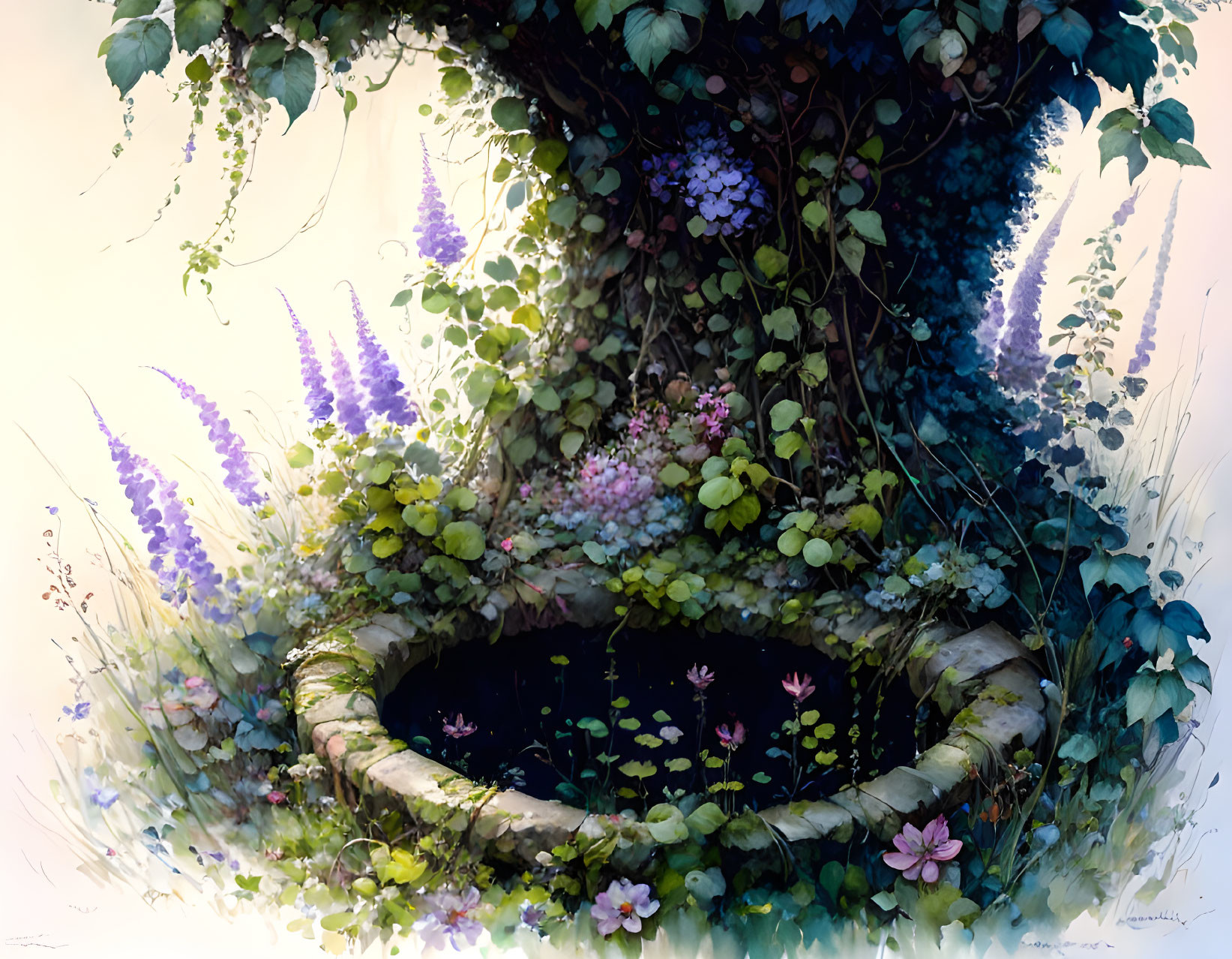 Illustration of Old Stone Well Surrounded by Greenery and Flowers