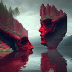Surreal red and blue rock formations reflected in calm lake amidst misty mountains
