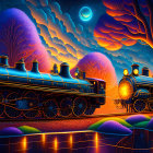 Vintage Trains on Neon Landscape with Starry Night Sky