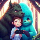 Girl taking selfie with colorful mythical creatures in enchanted forest