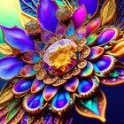 Colorful digital artwork of iridescent floral arrangement with gemstone center