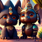 Anthropomorphic creatures with large eyes in desert sunset scene