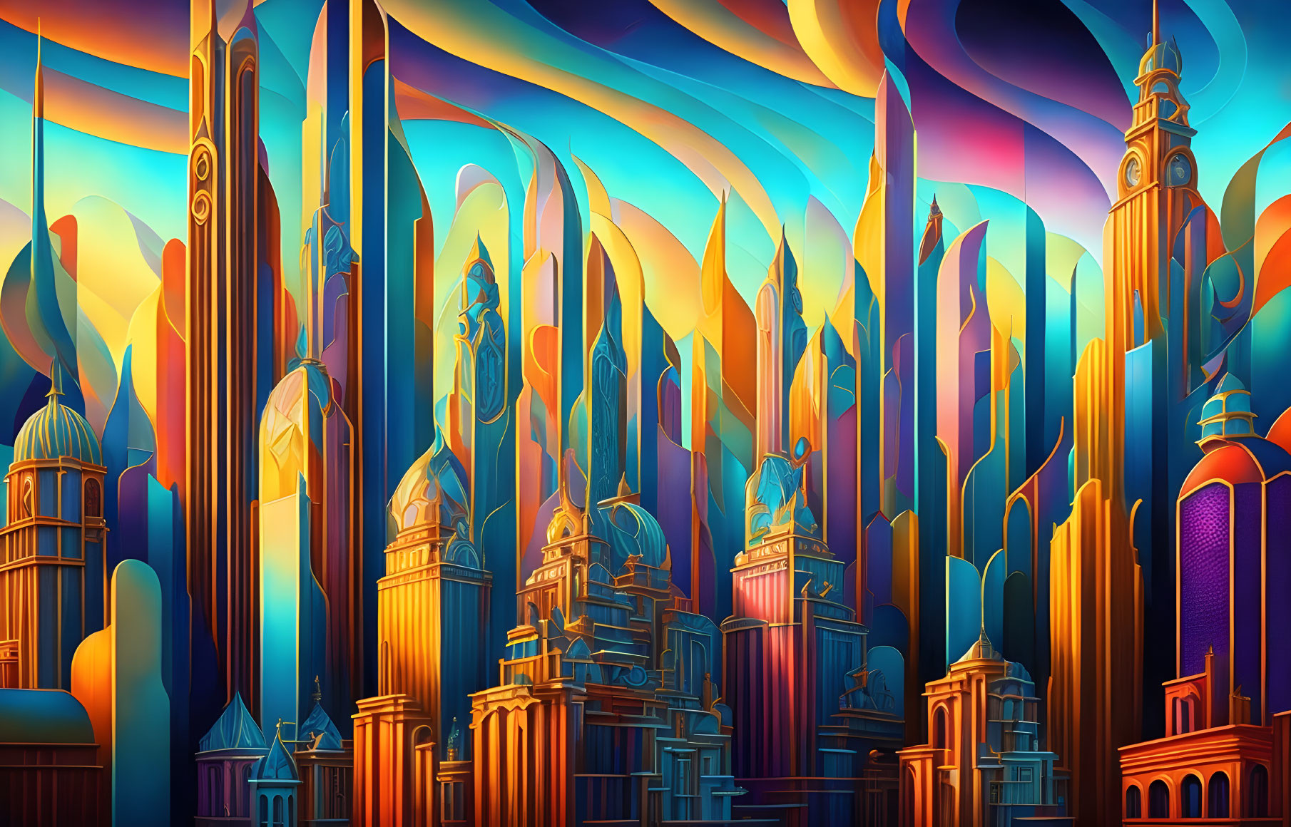 Colorful Stylized Cityscape with Swirling Skies and Sunset Hues
