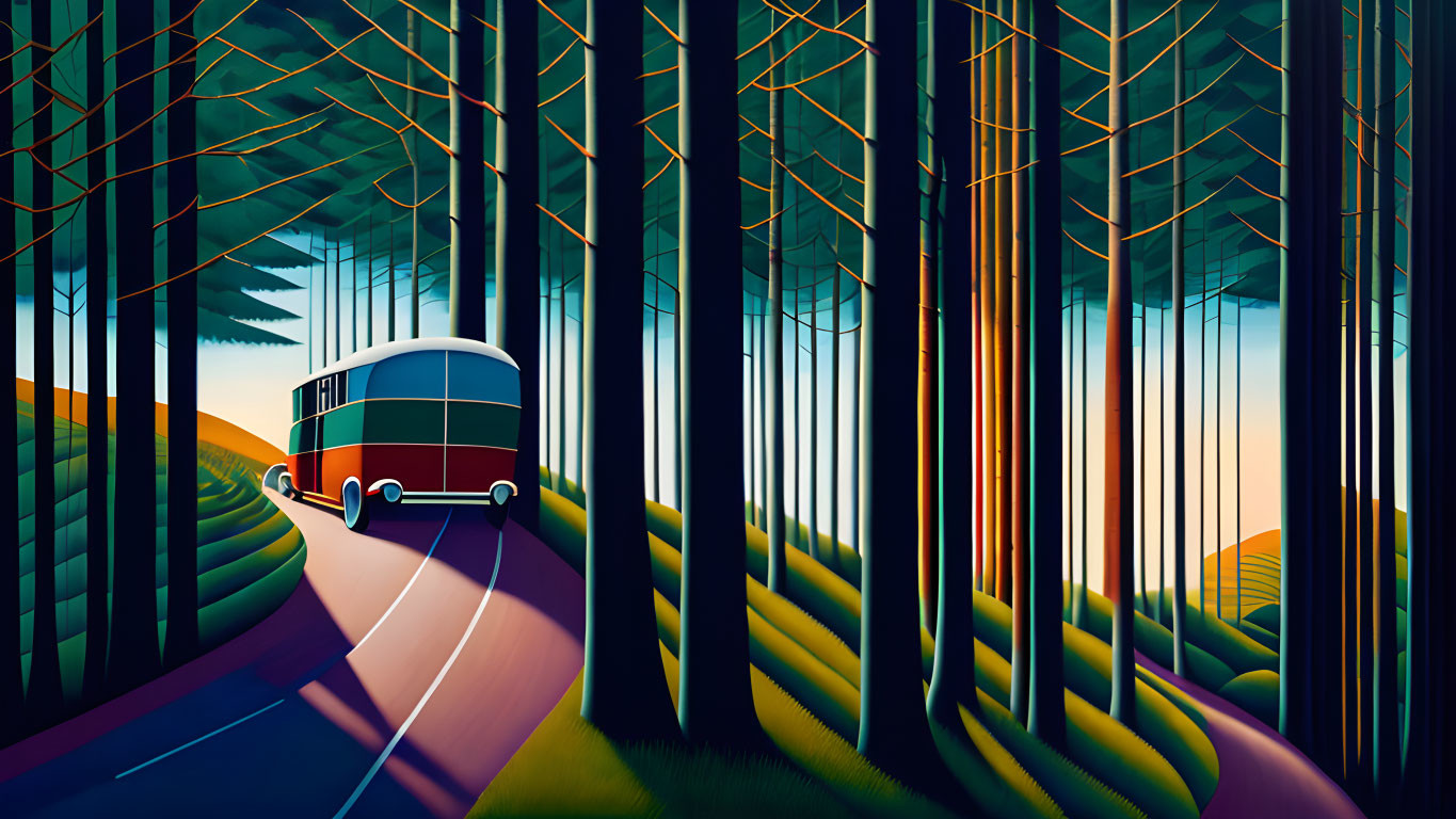 Vintage bus in stylized forest with tall trees and green hills