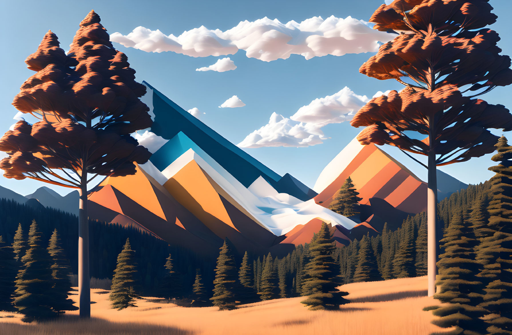 Geometric mountain landscape with orange trees and clouds