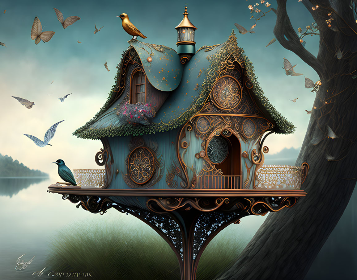 Fantasy birdhouse with ornate patterns on tree branch at dusk