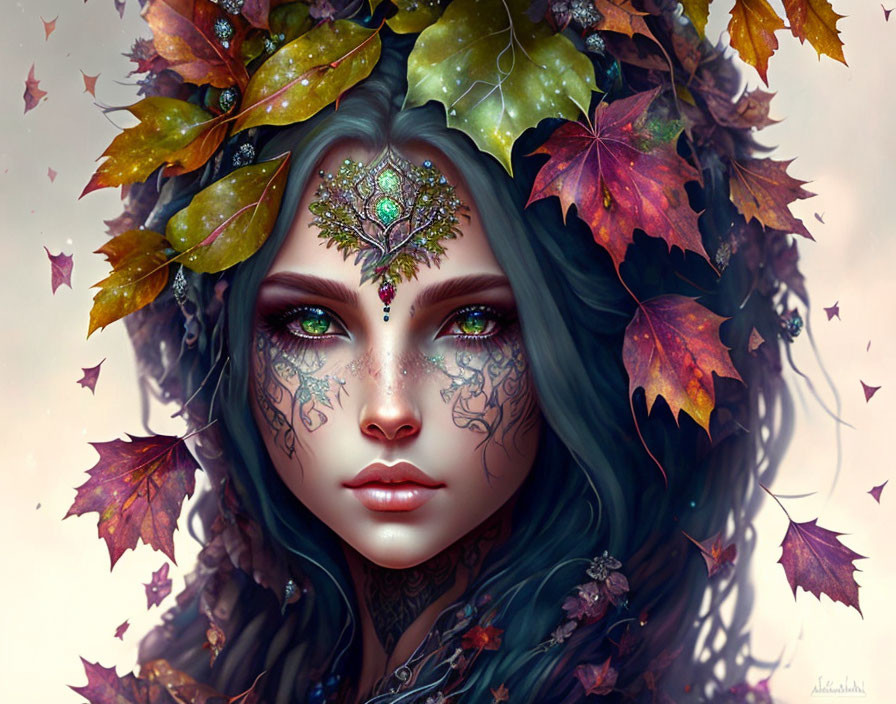 Fantasy portrait of woman with autumn leaves, facial tattoos, and jewel