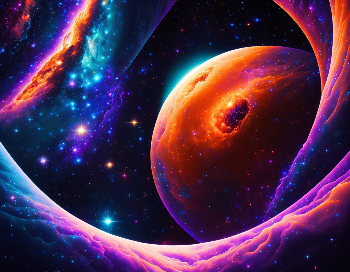 Large orange planet with neon purple and blue galactic clouds in starry space