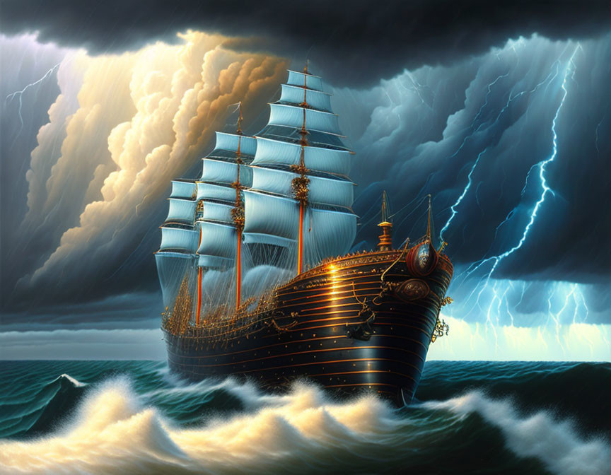 Sailing ship with unfurled sails in stormy sea under dramatic sky