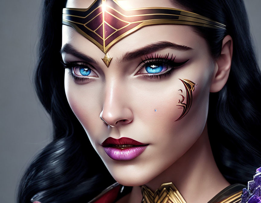 Portrait of woman with blue eyes, dark hair, and Wonder Woman-themed makeup.