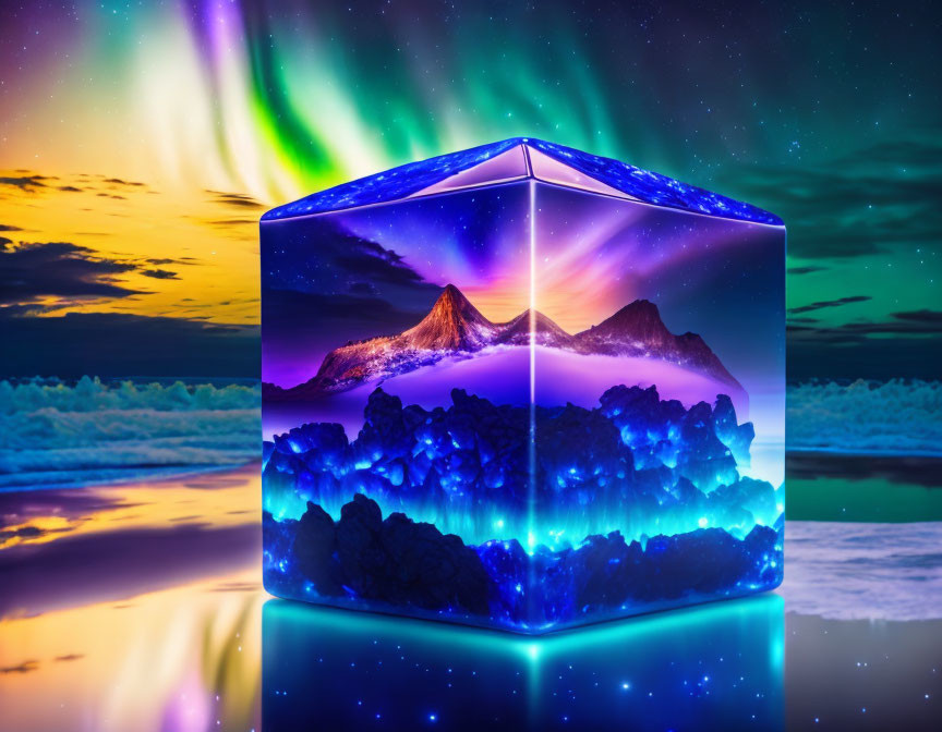 Surreal glowing cube with mountain landscape and Northern Lights