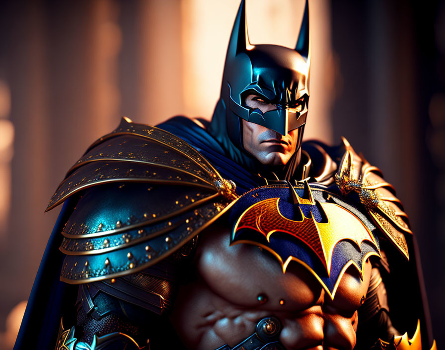 Detailed Batman in ornate armored suit, stern expression, warm blurred background