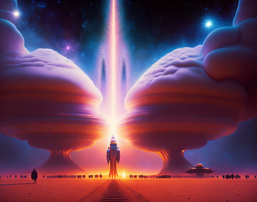 Futuristic sci-fi landscape with colossal mushroom-like structures under starry sky