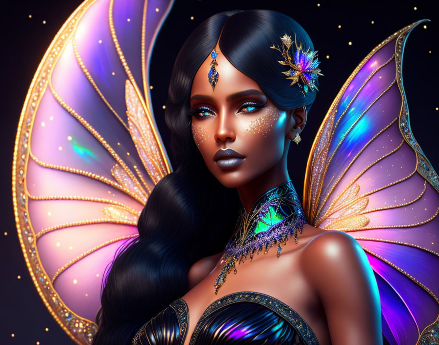 Mystical fairy with luminous wings and exotic jewelry on dark backdrop