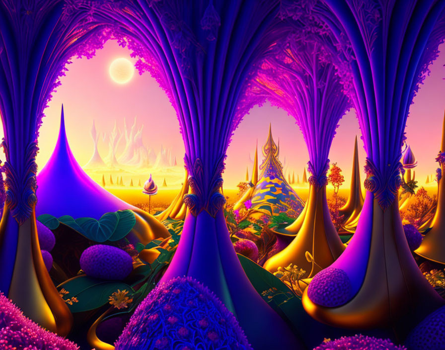 Colorful Fantasy Landscape with Purple Trees and Glowing Sky