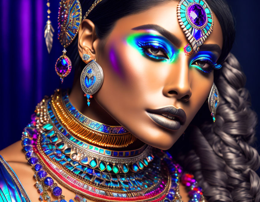 Woman in Vibrant Blue and Gold Jewelry and Makeup