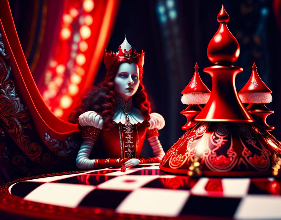 Stylized red queen chess piece with oversized pawn on checkered backdrop
