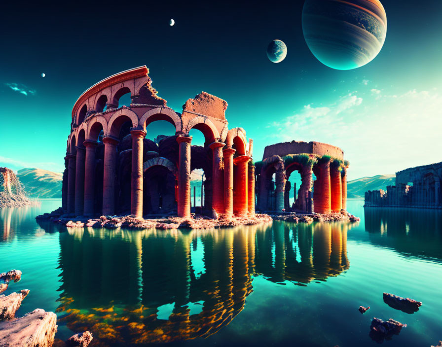 Surreal Landscape with Roman Ruins and Celestial Sky