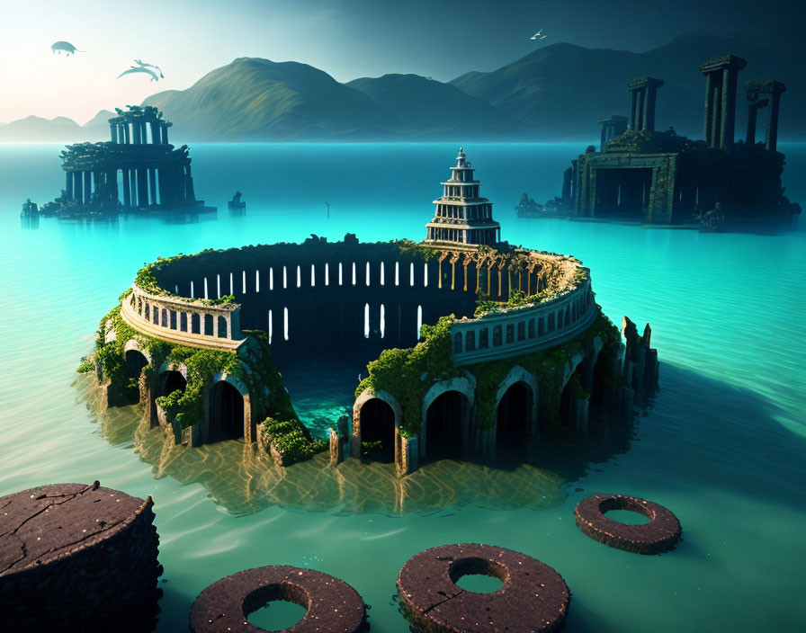 Fantastical landscape with ancient ruins, circular structure, and mountains in serene setting