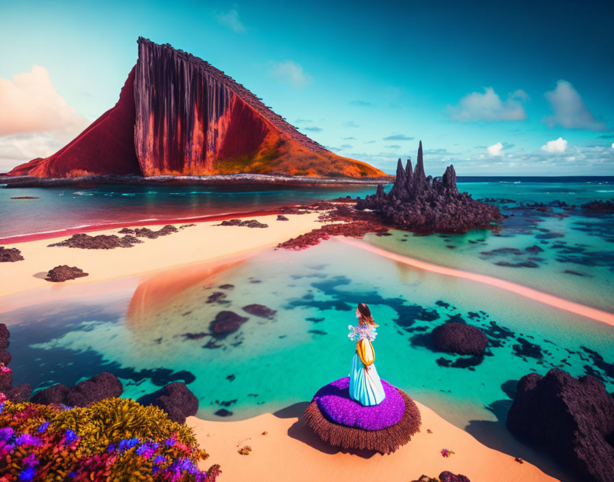 Colorfully dressed woman gazes at vibrant surreal landscape with red mountain & colorful waters