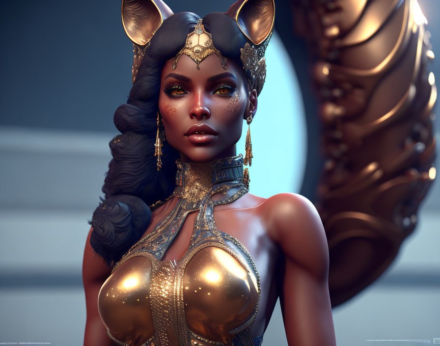 Fantasy female character with dark skin and golden armor and intricate headgear.