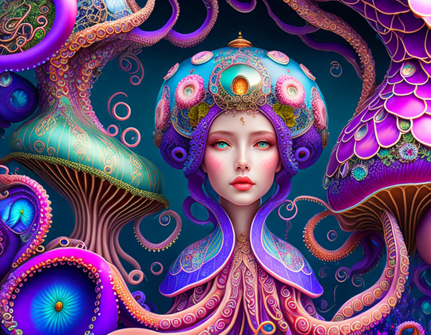Colorful Female Character with Ornate Headdress and Psychedelic Mushrooms
