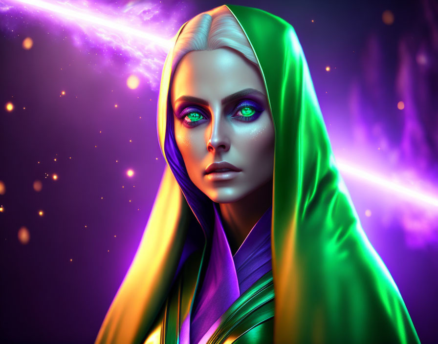 Digital Art Portrait: Female Figure with Striking Green Eyes and Vibrant Green Hood on Cosmic Purple Background