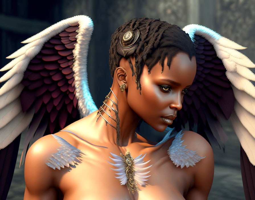 Digital art portrait of person with dark skin, tribal markings, feathered wings, and wing-like shoulder